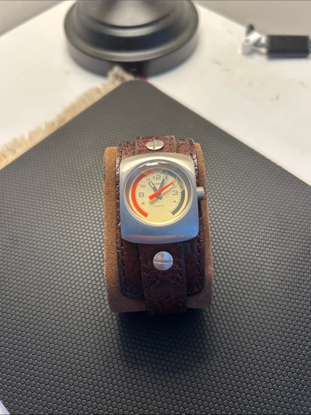 Diesel Brown Leather Cuff Watch With Cream And Red Dial